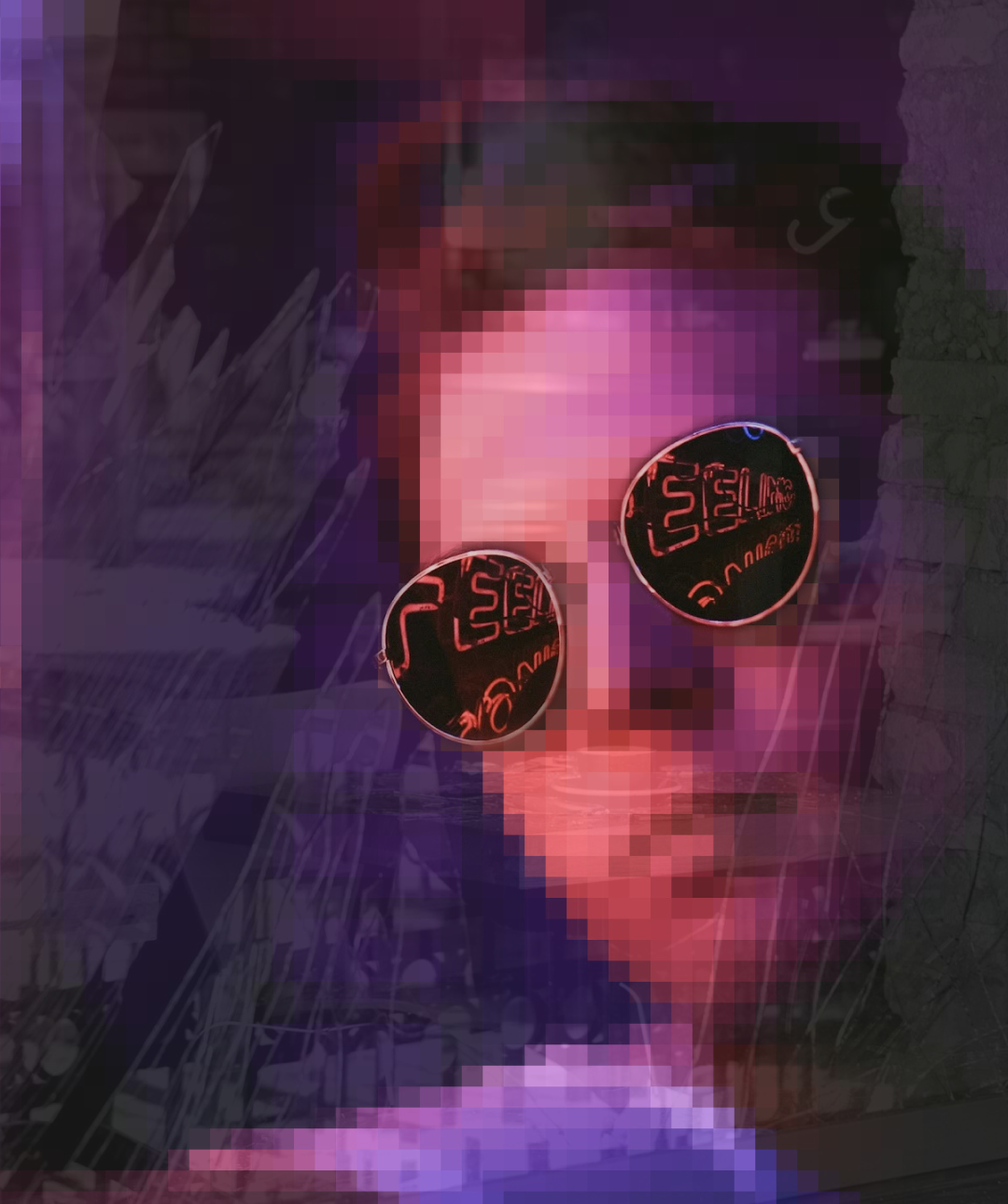Pixelated man with sun glasses looks into distance with a pink and purple shade