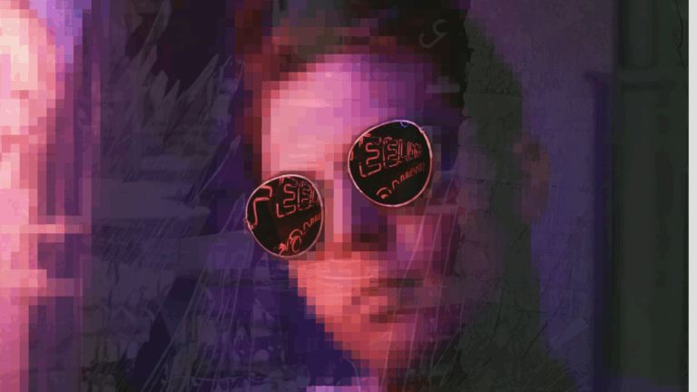 Pixelated man with sun glasses looks into distance with a pink and purple shade