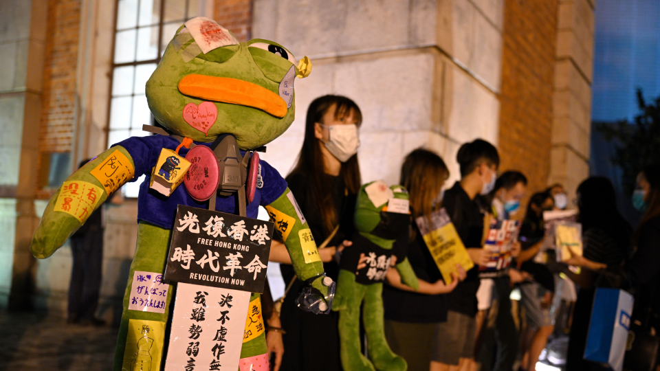 Youthquake Report - A demonstrator wears a costume of a Pepe the Frog with a bandage over his eye and carrying posters with protest slogans to sympathize with maltreated protesters