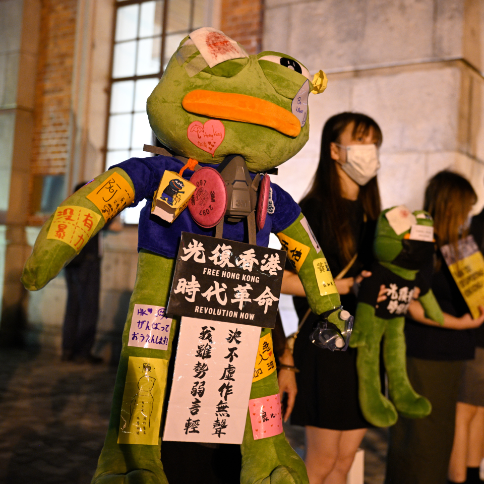Youthquake Report - A demonstrator wears a costume of a Pepe the Frog with a bandage over his eye and carrying posters with protest slogans to sympathize with maltreated protesters