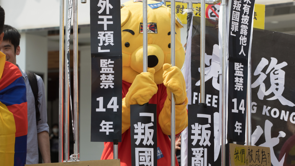 Youthquake Report - A protester in Taiwan dresses up as Winnie the Pooh behind a fake jail cell, to express solidarity with Hong Kongers protesting the passage of another national security law, Article 23