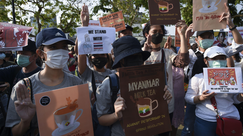 Youthquake Report - Protesters carrying “Milk Tea Alliance” placards gather in Bangkok, Thailand to show solidarity with Burma’s anti-coup movement on February 28, 2021
