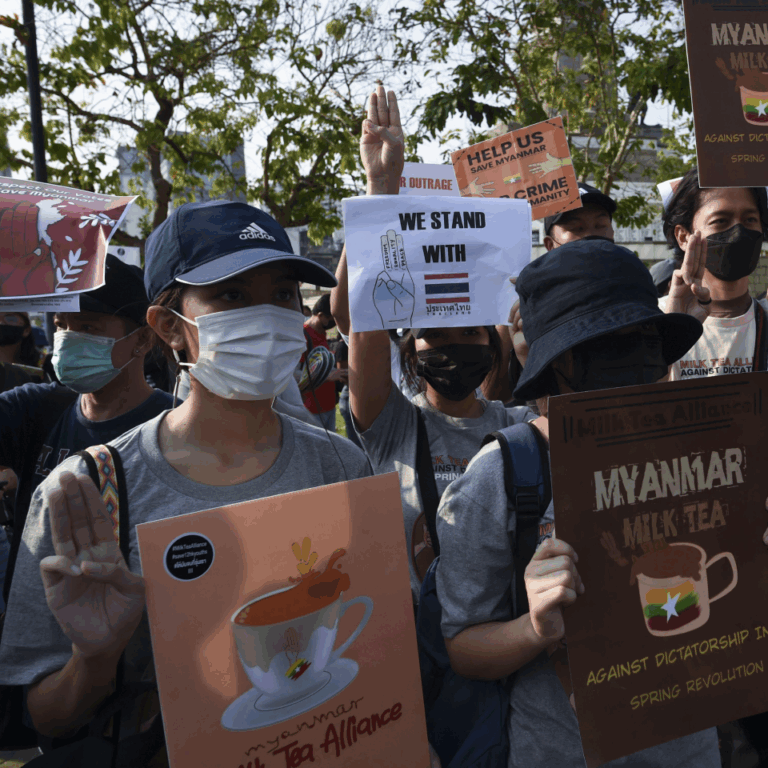 Youthquake Report - Protesters carrying “Milk Tea Alliance” placards gather in Bangkok, Thailand to show solidarity with Burma’s anti-coup movement on February 28, 2021
