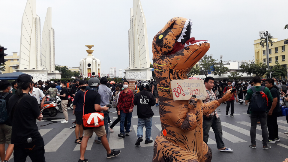 Youthquake Report - Thai students wear inflatable dinosaur costumes at a ‘Bad Student’ rally in Bangkok in November 2020