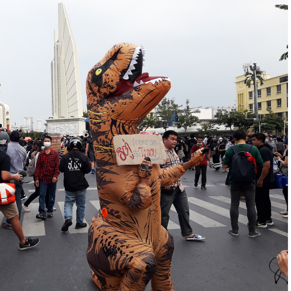 Youthquake Report - Thai students wear inflatable dinosaur costumes at a ‘Bad Student’ rally in Bangkok in November 2020