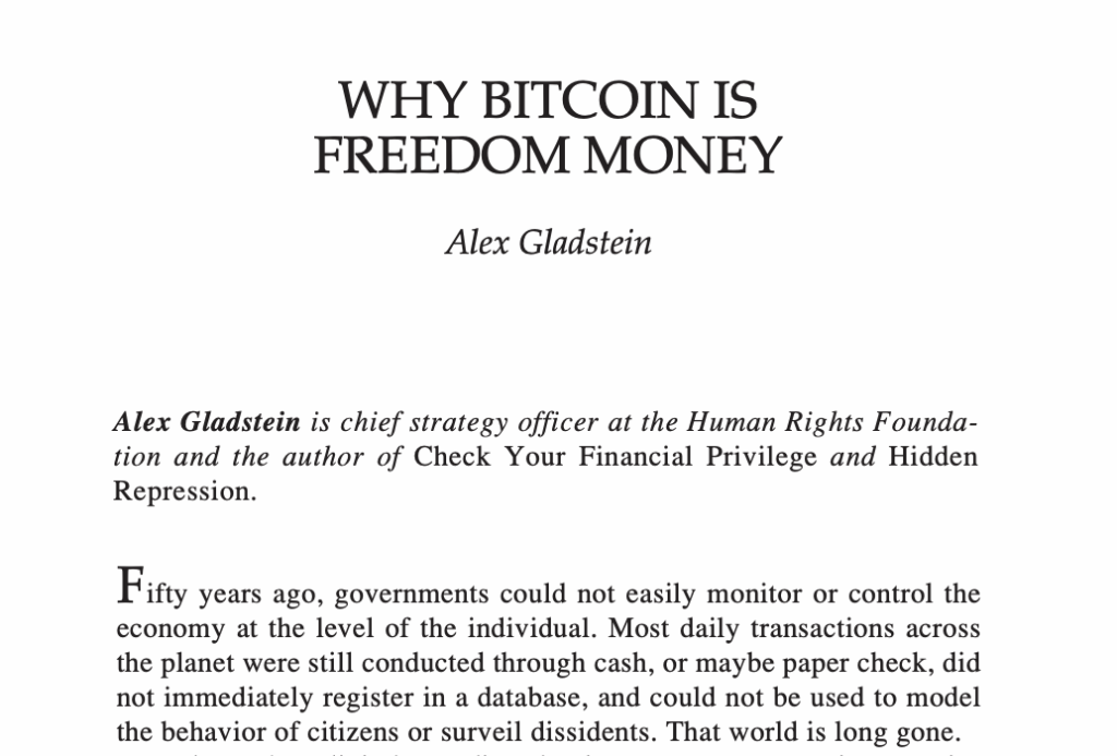 Why Bitcoin is Freedom Money Reading - Alex Gladstein