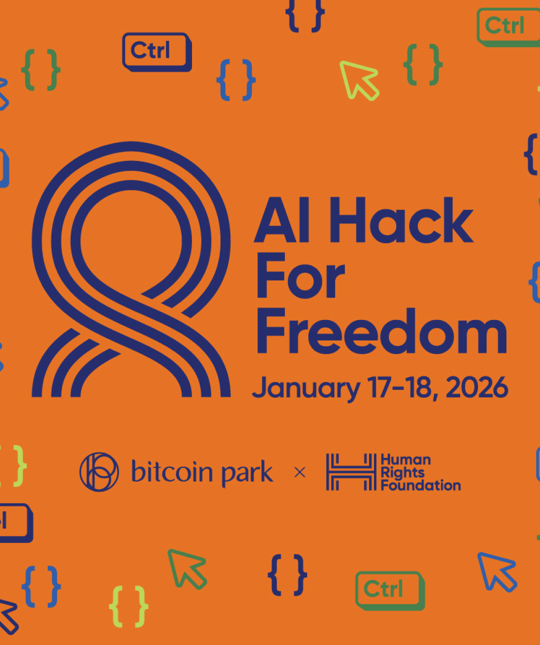 Promotional banner for AI Hack for Freedom, a specialized vibe coding hackathon in Austin, utilizing AI to support human rights activists.