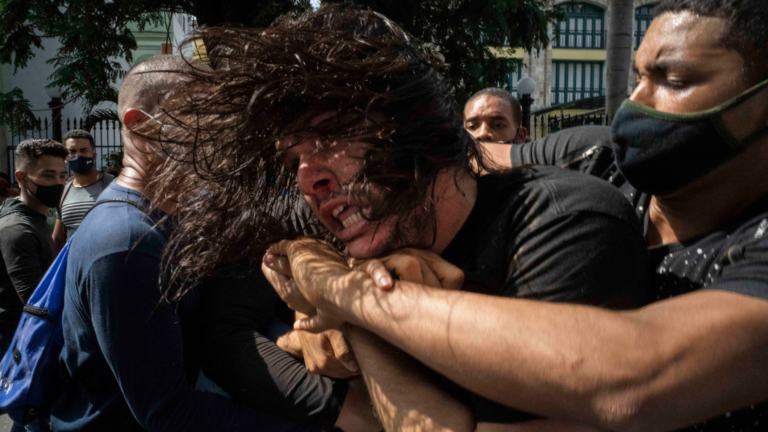 Plainclothes police detain an anti-government protester in Havana on July 11, 2021. (Ramon Espinosa/AP)