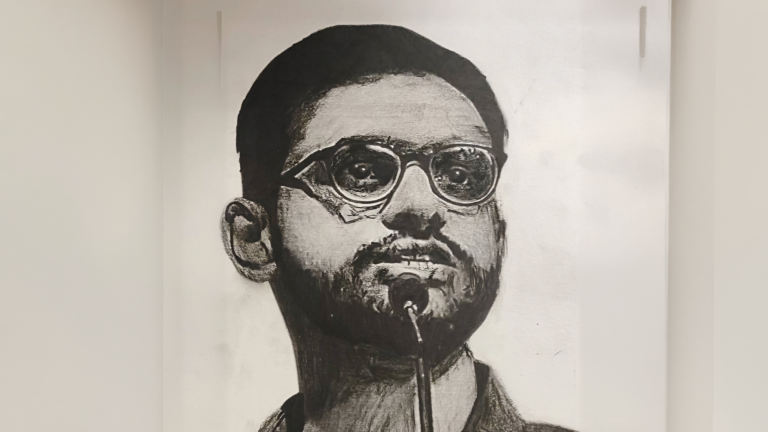 A black-and-white pen drawing of Umar Khalid