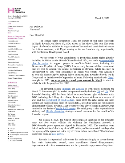 Doja Cat Rwanda Concert Letter