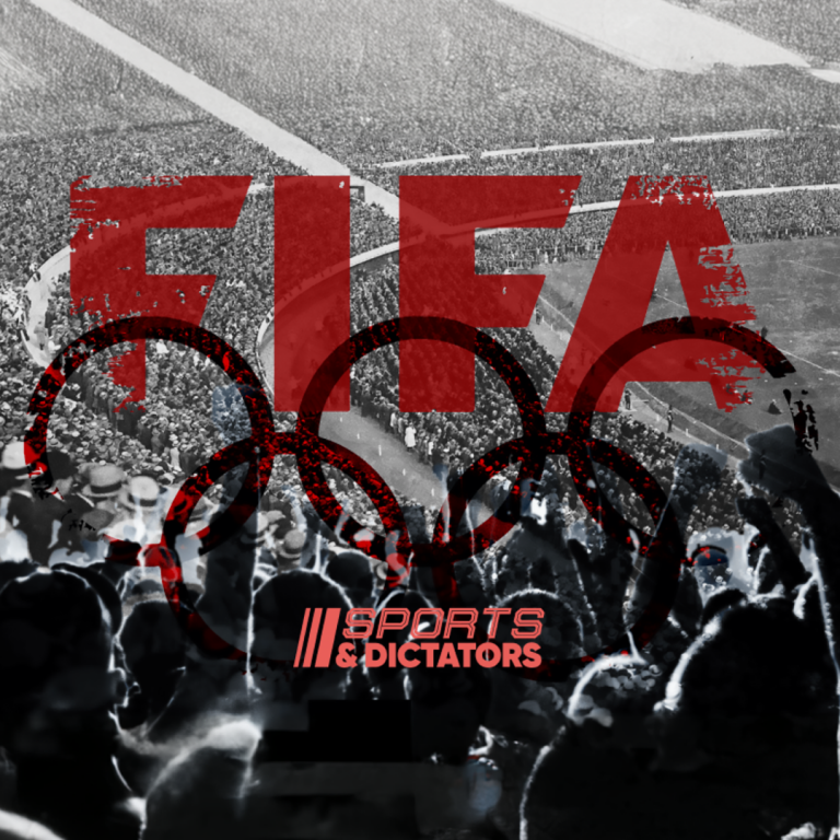 A conceptual graphic featuring the FIFA logo and Olympic rings over a black-and-white stadium, illustrating the history of sportswashing