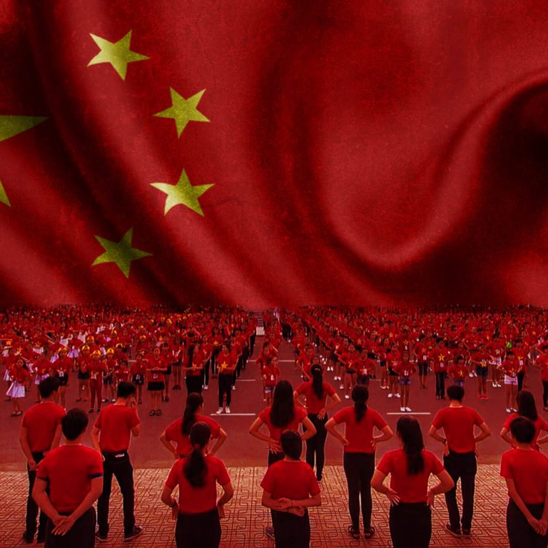Beyond Borders HRF blog post header featuring a large crowd united under the Chinese flag