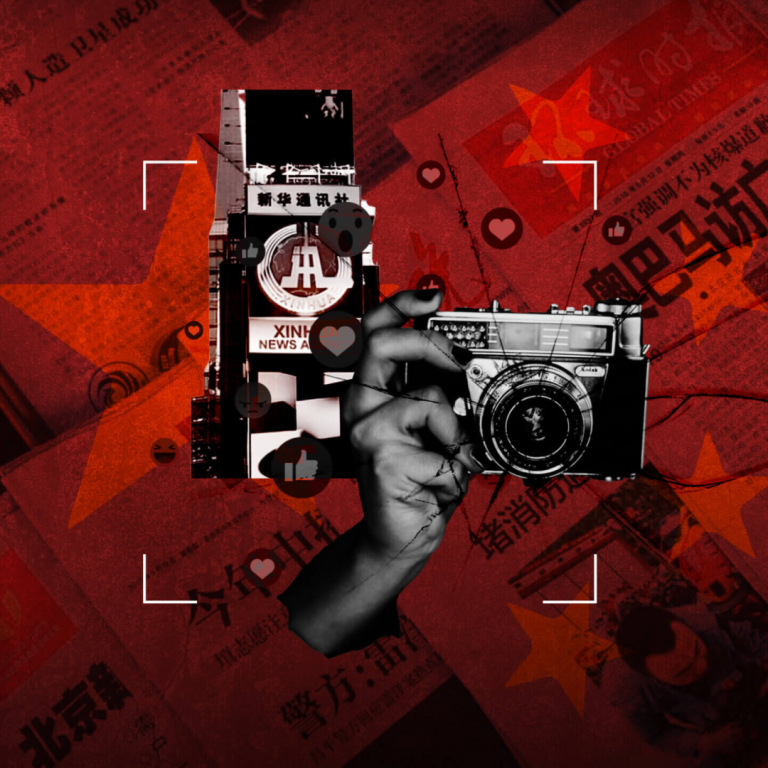 HRF blog post Beyond Borders: China’s Grip on Global Media's header depicting a camera with a Chinese newspaper in the background.