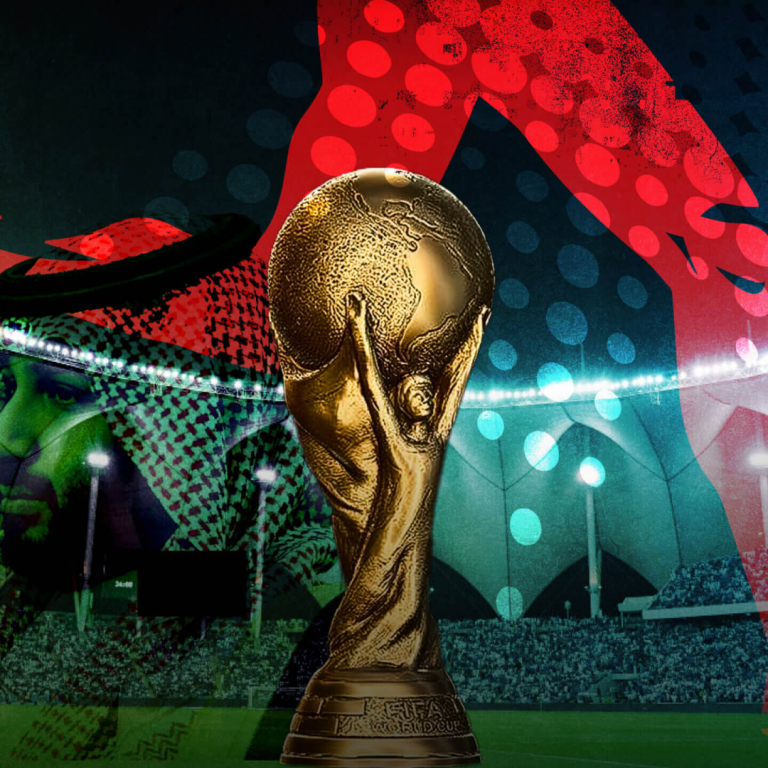 FIFA World Cup trophy with Saudi Crown Prince Mohammed Bin-Salman overlooking it